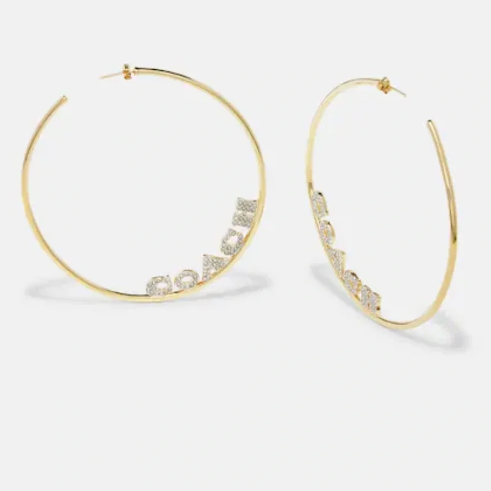 Coach Hoop Earrings Pave Signature Logo Large Rhinestones Sparkle 2 Tone Hoops - Picture 2 of 8